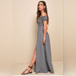 Lulu's Gingham Smock Off The Shoulder Pocket Side Slit Maxi Dress